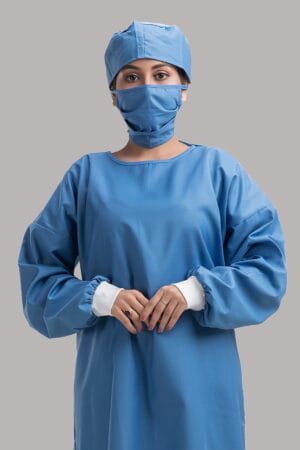 O T Gown Ribbed with Cap and Mask- Sky Blue