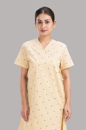 Patient Gown - Front Open-Printed-Yellow