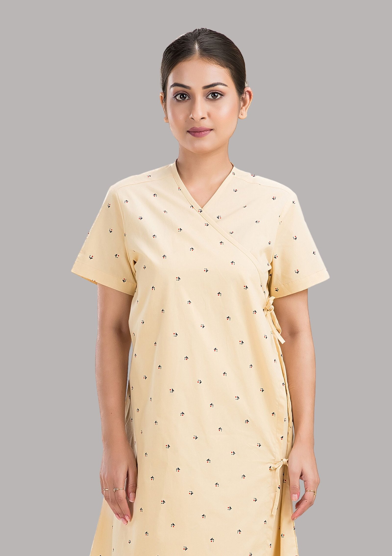 Patient Gown - Front Open-Printed-Yellow