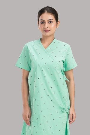 Patient Gown - Front Open-Printed-Green