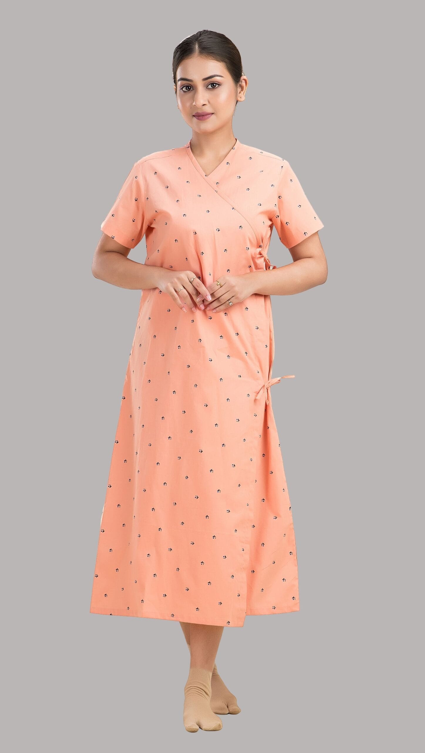 Patient Gown - Front Open-Printed-Orange - Image 2