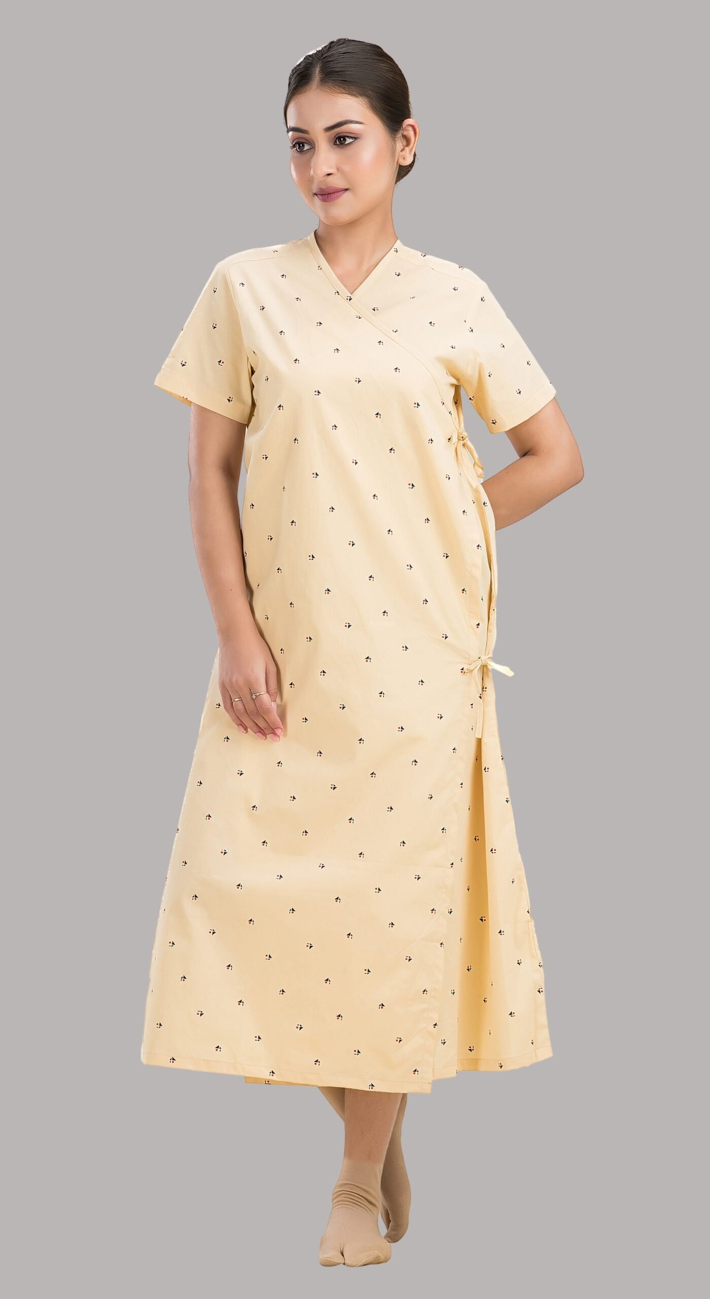 Patient Gown - Front Open-Printed-Yellow - Image 2