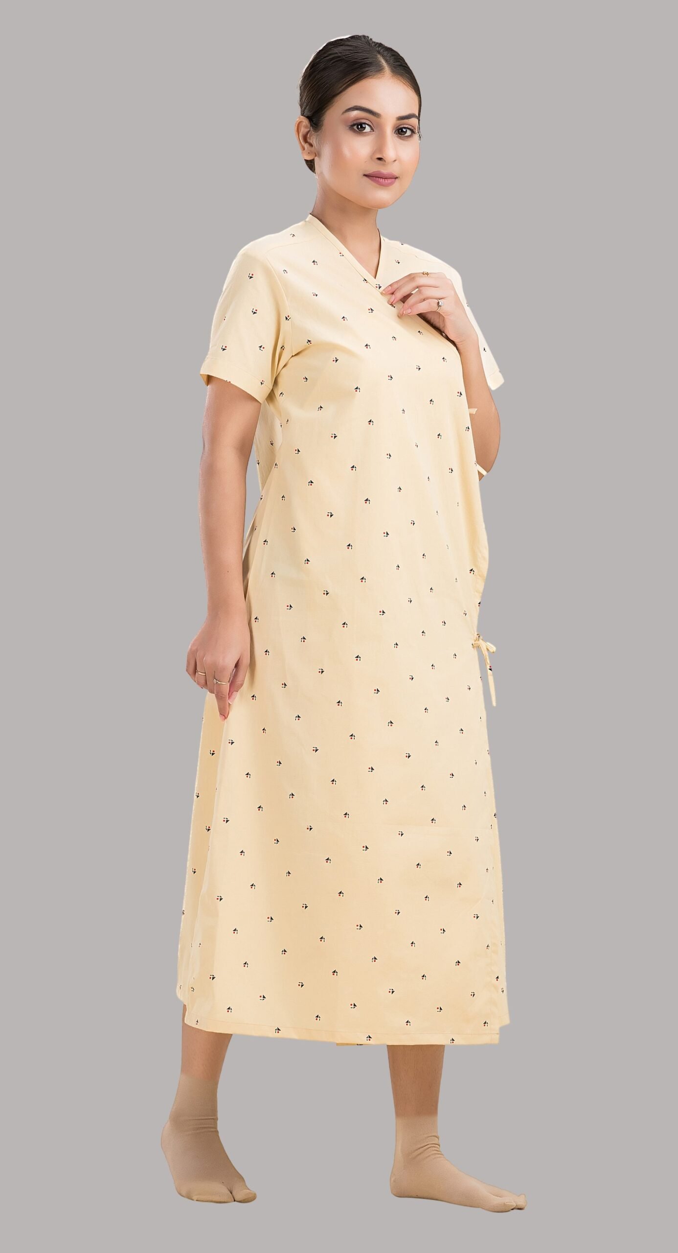 Patient Gown - Front Open-Printed-Yellow - Image 3
